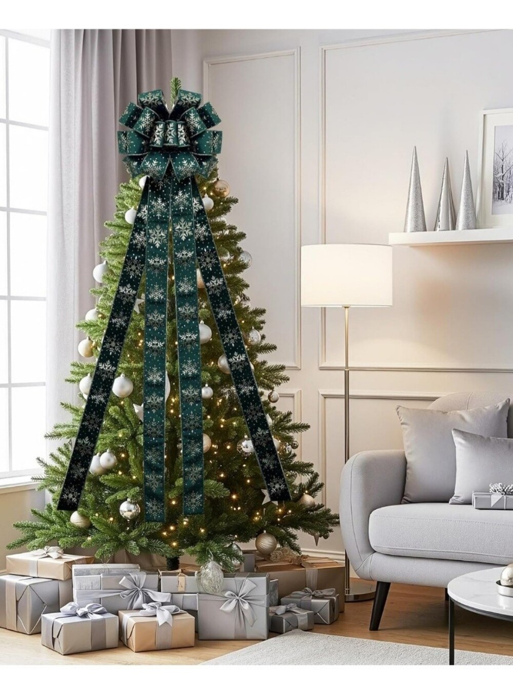 Dark Green Snowflake Holiday Tree Topper Bow. NWT.